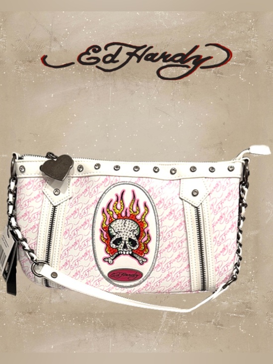 Ed Hardy Handbags - Ed Hardy White and Pink Flame Skull Shoulder Bag